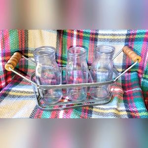 Hobby Lobby Farmhouse~3 Glass Mini Milk Bottles Bud Vases Iron Carrier